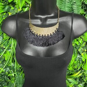 Gold Hammered Bib Necklace Black Tassel Fringe Statement Jewelry Adjustable 3788